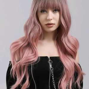Natural Long Curly Wig With Bangs in pink